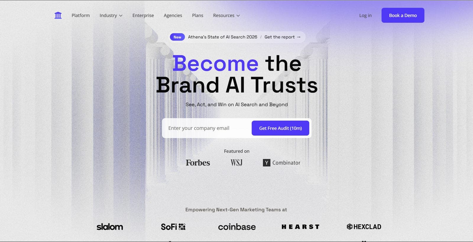 AthenaHQ's homepage, headlined "Become the Brand AI Trusts", with a free ten-minute audit email field and a row of customer logos