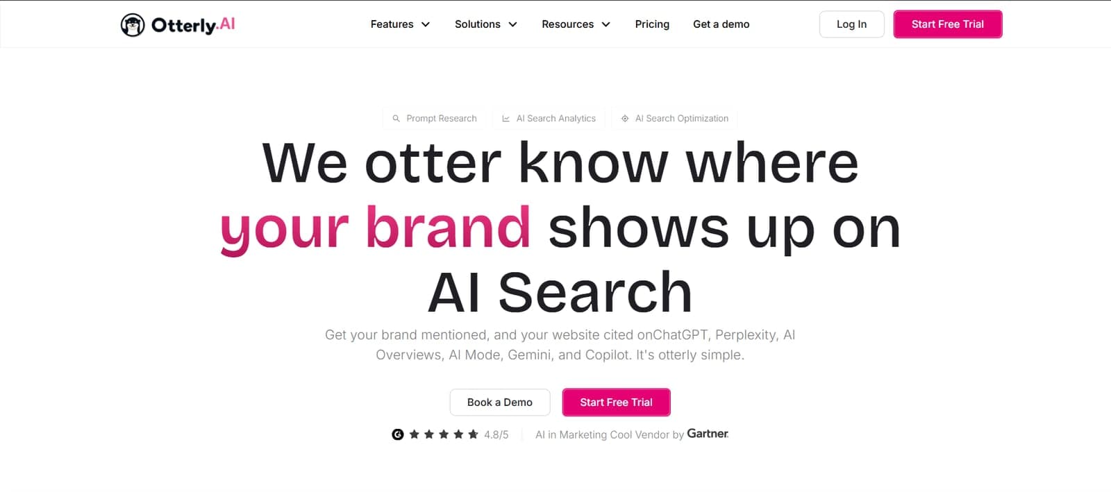 Otterly.ai's homepage, headlined "We otter know where your brand shows up on AI Search", listing ChatGPT, Perplexity, AI Overviews, AI Mode, Gemini and Copilot