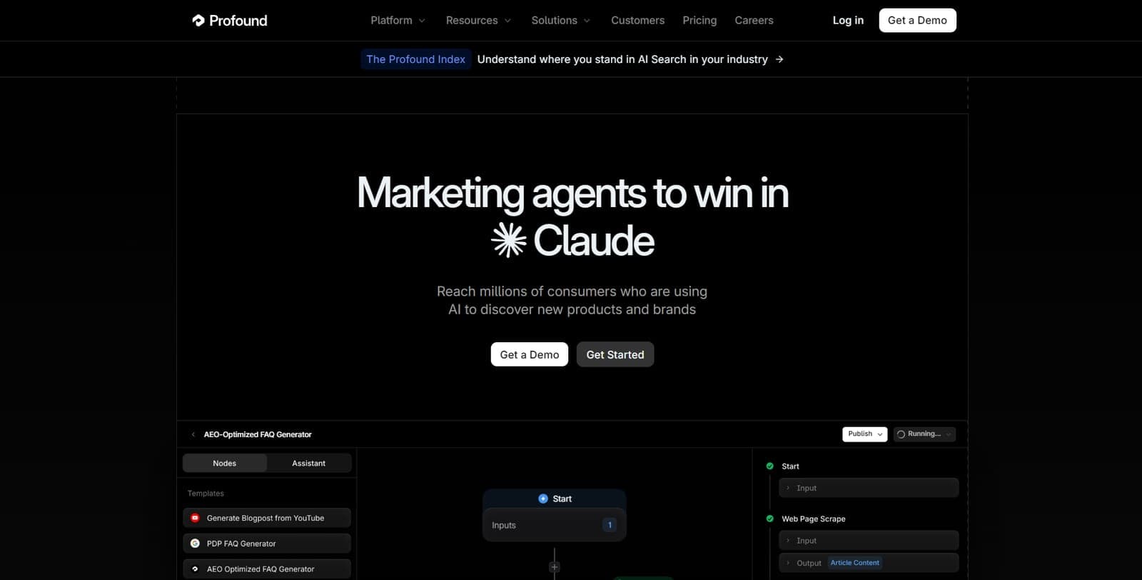 Profound's homepage, headlined "Marketing agents to win in Claude", with an agent workflow builder previewed underneath