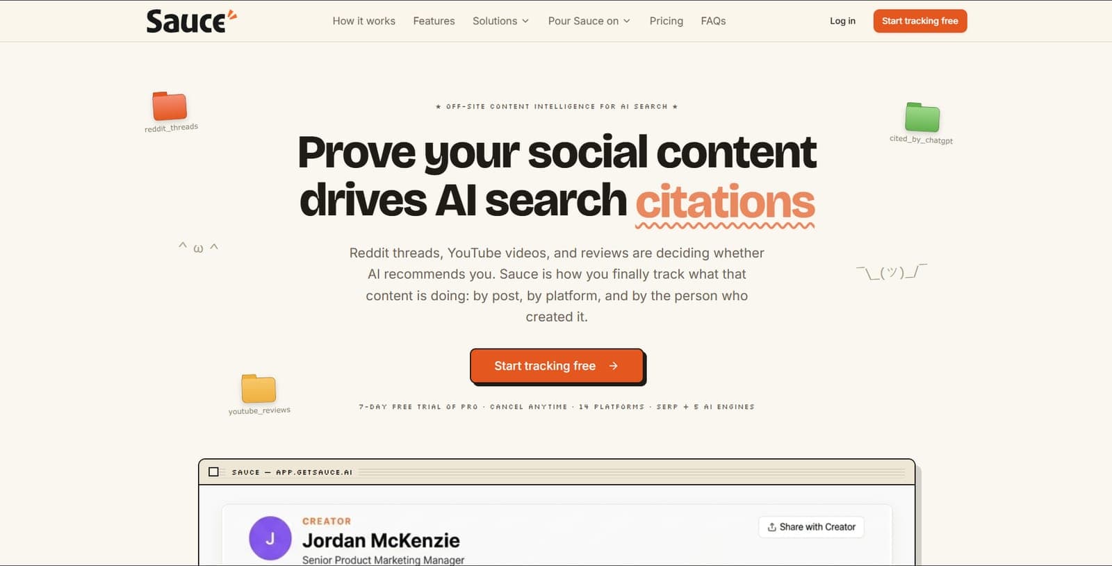 Sauce's homepage, headlined "Prove your social content drives AI search citations", above a dashboard card crediting citations to a named creator