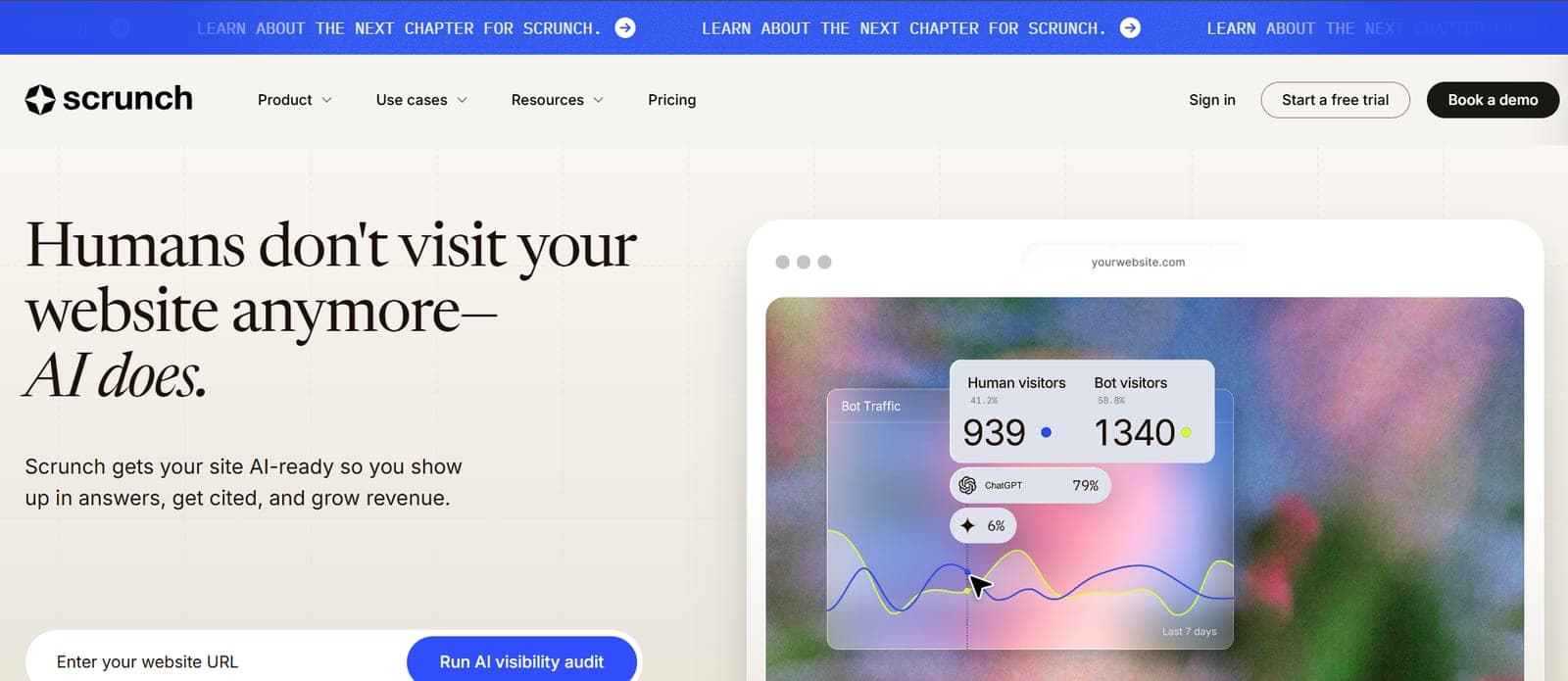 Scrunch's homepage, headlined "Humans don't visit your website anymore, AI does", beside a dashboard splitting human visitors from bot visitors