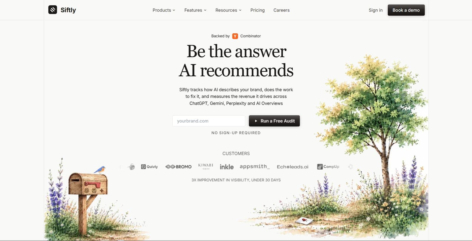 Siftly's homepage, headlined "Be the answer AI recommends", with a free audit field, customer logos and a watercolour illustration