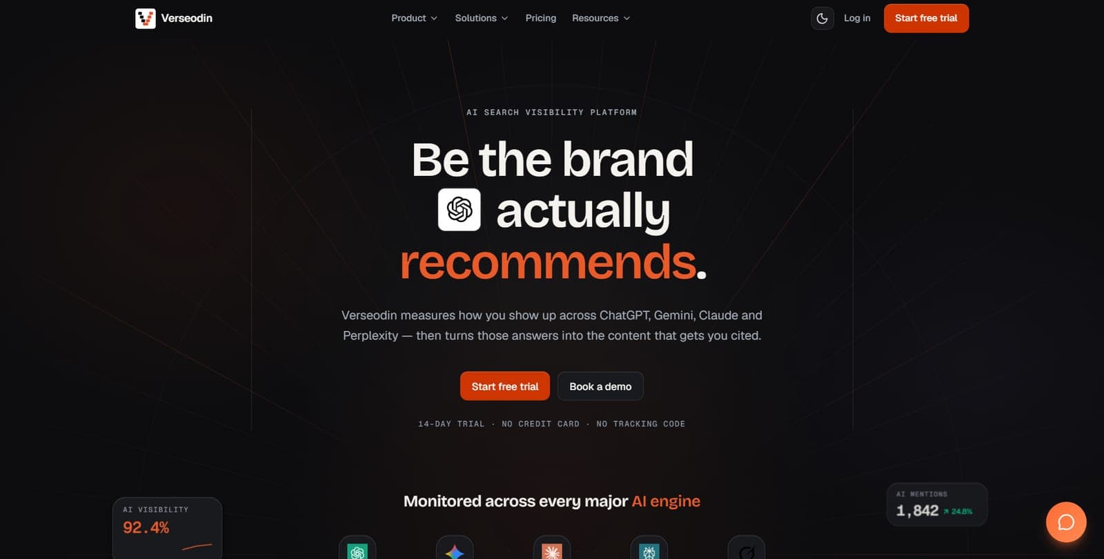 VerseOdin's homepage, headlined "Be the brand ChatGPT actually recommends", with AI visibility and AI mention counters in the corners